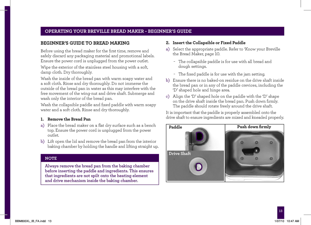 Breville BBM800XL manual Remove the Bread Pan, Insert the Collapsible or Fixed Paddle, Paddle Push down firmly 