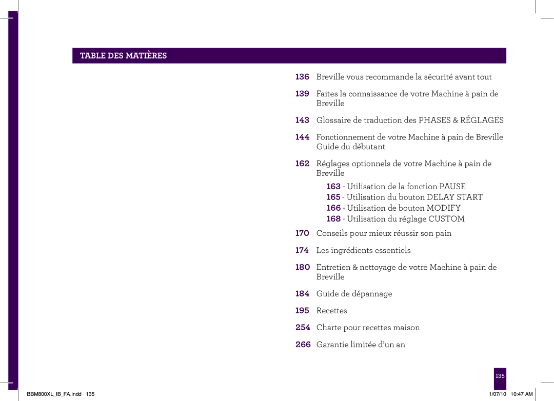 Breville BBM800XL manual Table DES Matières, 162 