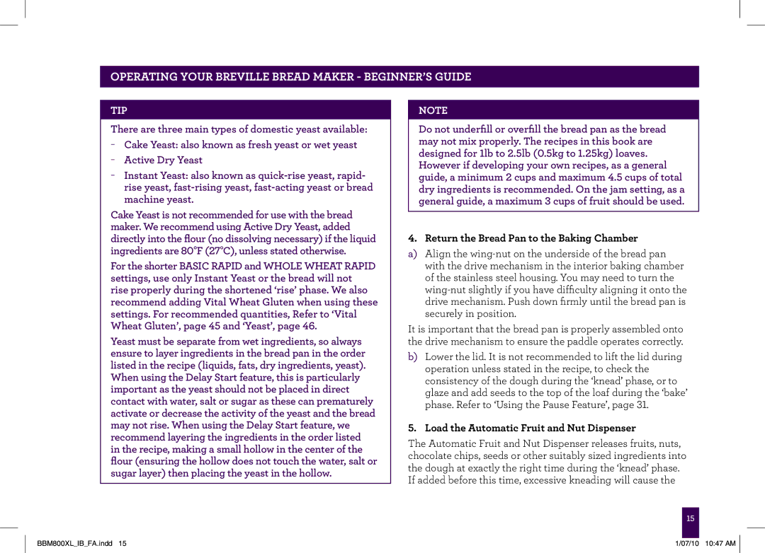 Breville BBM800XL manual Return the Bread Pan to the Baking Chamber, Load the Automatic Fruit and Nut Dispenser 