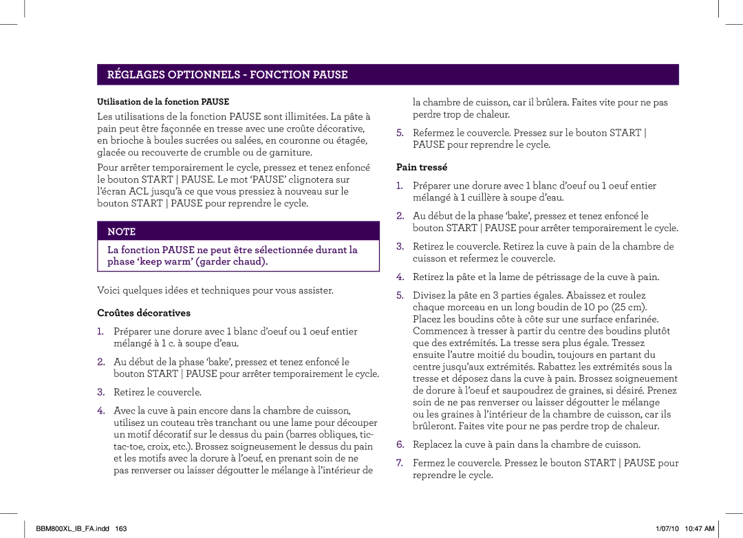 Breville BBM800XL manual Réglages Optionnels Fonction Pause, Croûtes décoratives, Pain tressé 