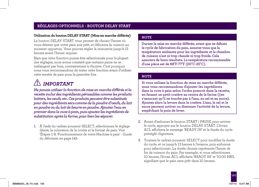 Breville BBM800XL manual Réglages Optionnels Bouton Delay Start, Utilisation du bouton Delay Start Mise en marche différée 