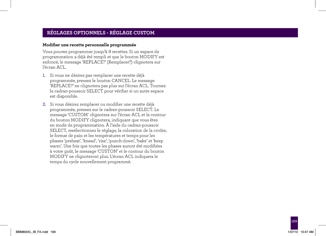 Breville BBM800XL manual Modifier une recette personnelle programmée 