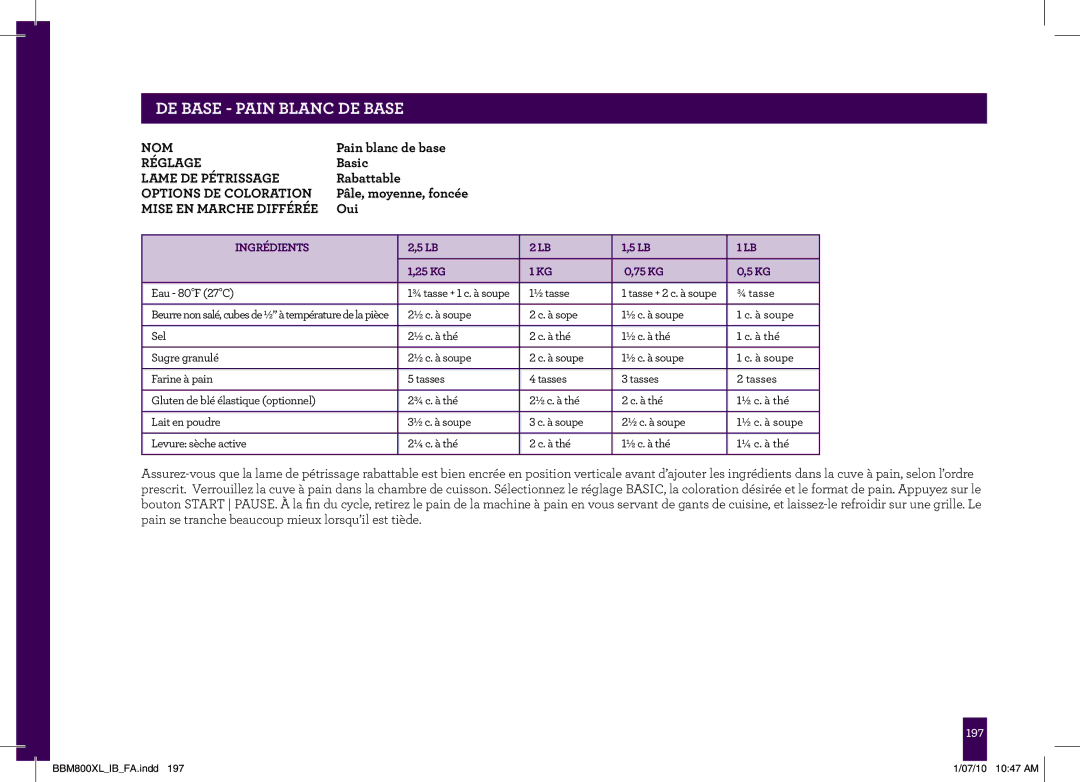Breville BBM800XL manual PAgeDE BASEheader- PAIN.....BLANC DE Base, Mise EN Marche Différée 