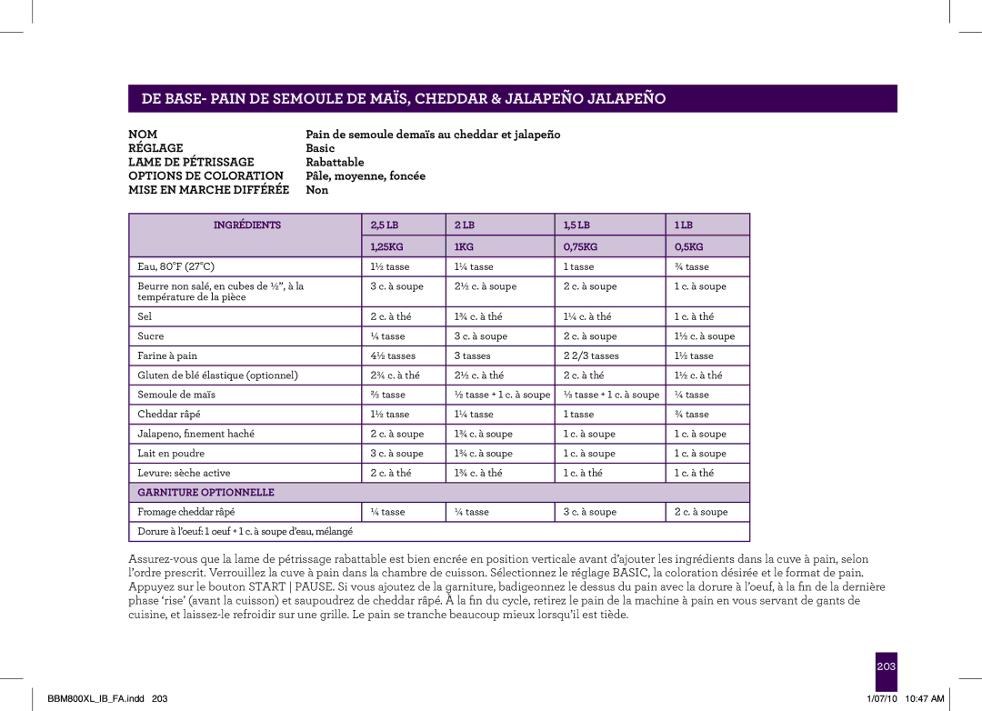 Breville BBM800XL manual Pain de semoule demaïs au cheddar et jalapeño 