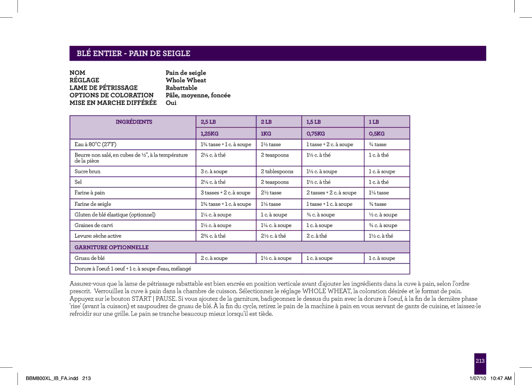 Breville BBM800XL manual PAgeBLÉ ENTIERheader- PAIN..... DE Seigle 