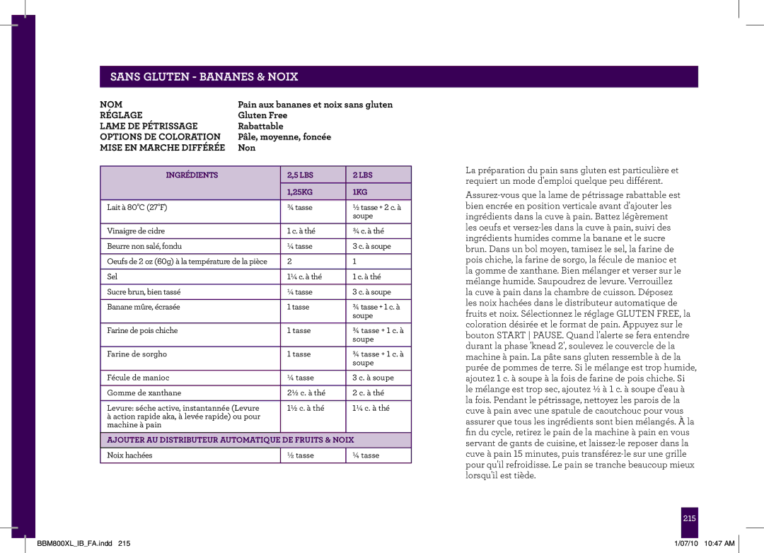 Breville BBM800XL manual PAgeNSS headerGLUTEN.....- Bananes & Noix, Ajouter AU Distributeur Automatique DE Fruits & Noix 