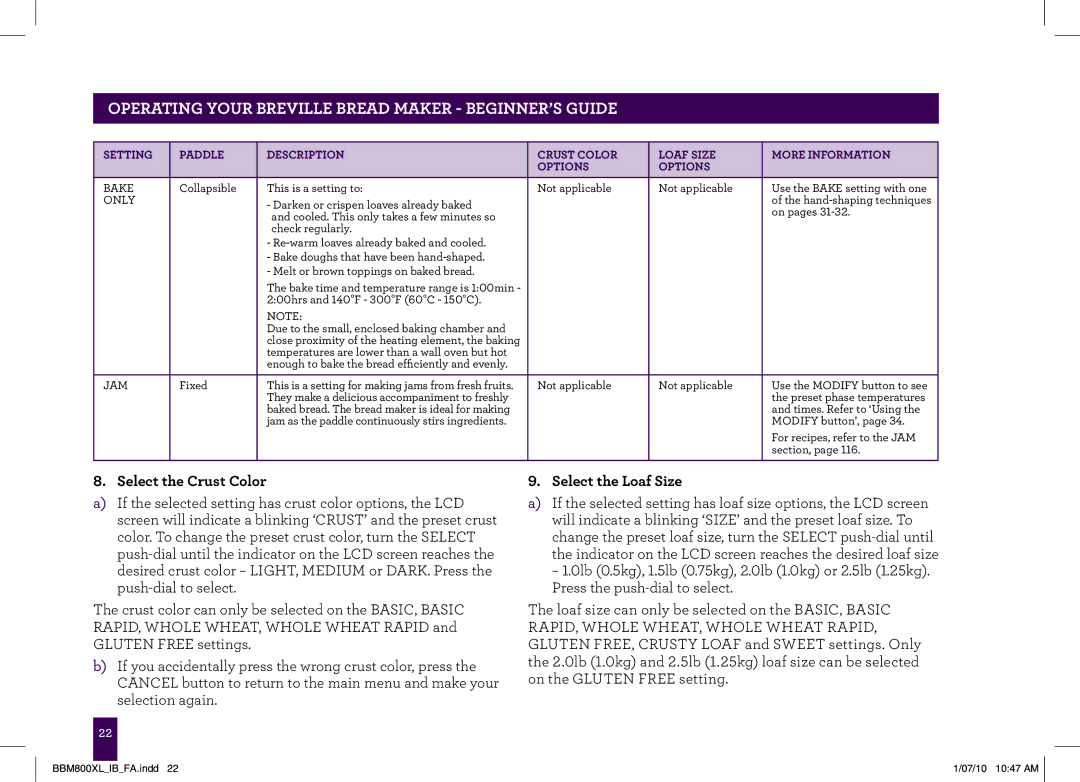 Breville BBM800XL manual Select the Crust Color, Select the Loaf Size 