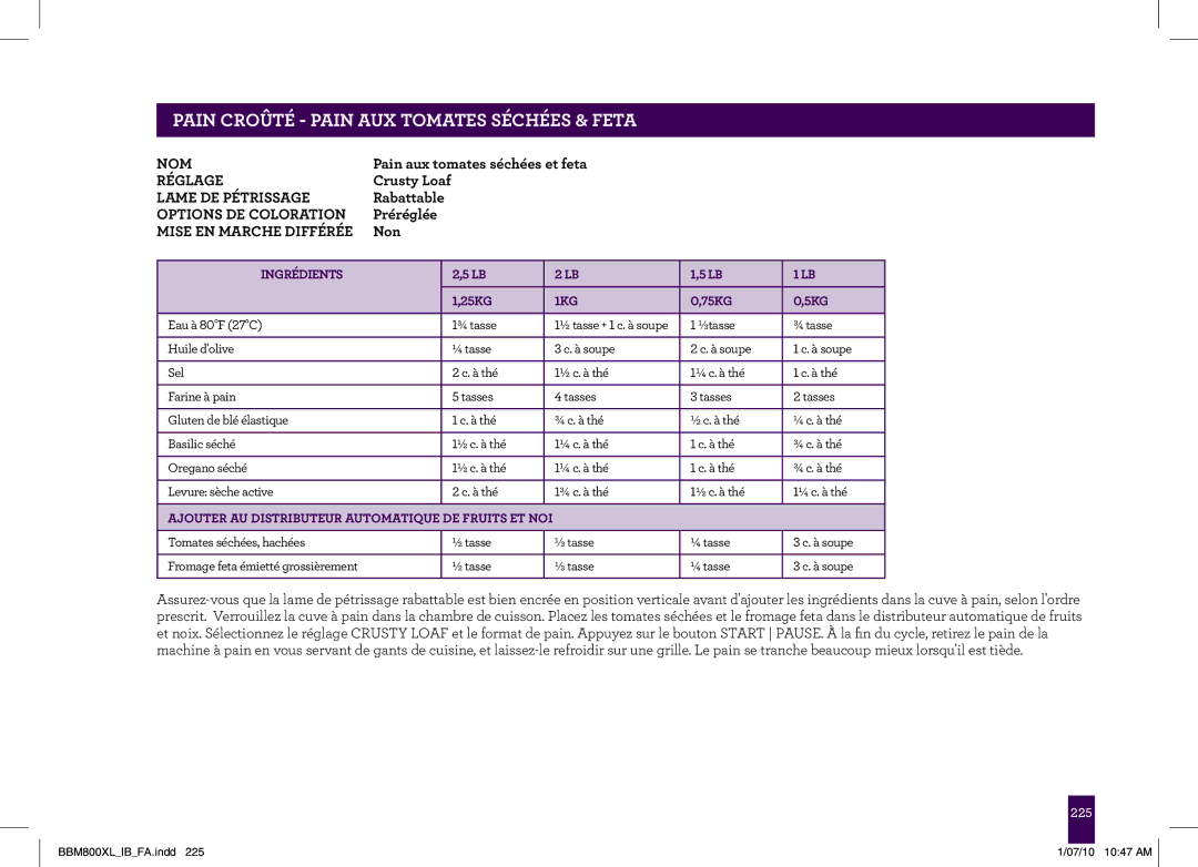 Breville BBM800XL manual PAINgeCROÛTÉheader.....- Pain AUX Tomates Séchées & Feta 