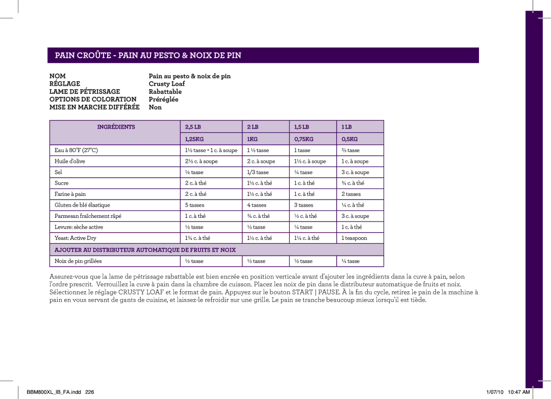 Breville BBM800XL manual PAINgeCROÛTEheader.....- Pain AU Pesto & Noix DE PIN 
