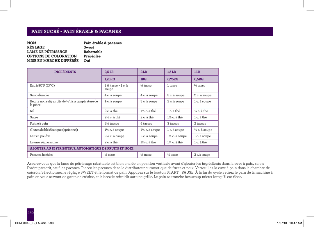 Breville BBM800XL manual PAINgeSUCRÉheader- PAIN..... Érable & Pacanes 