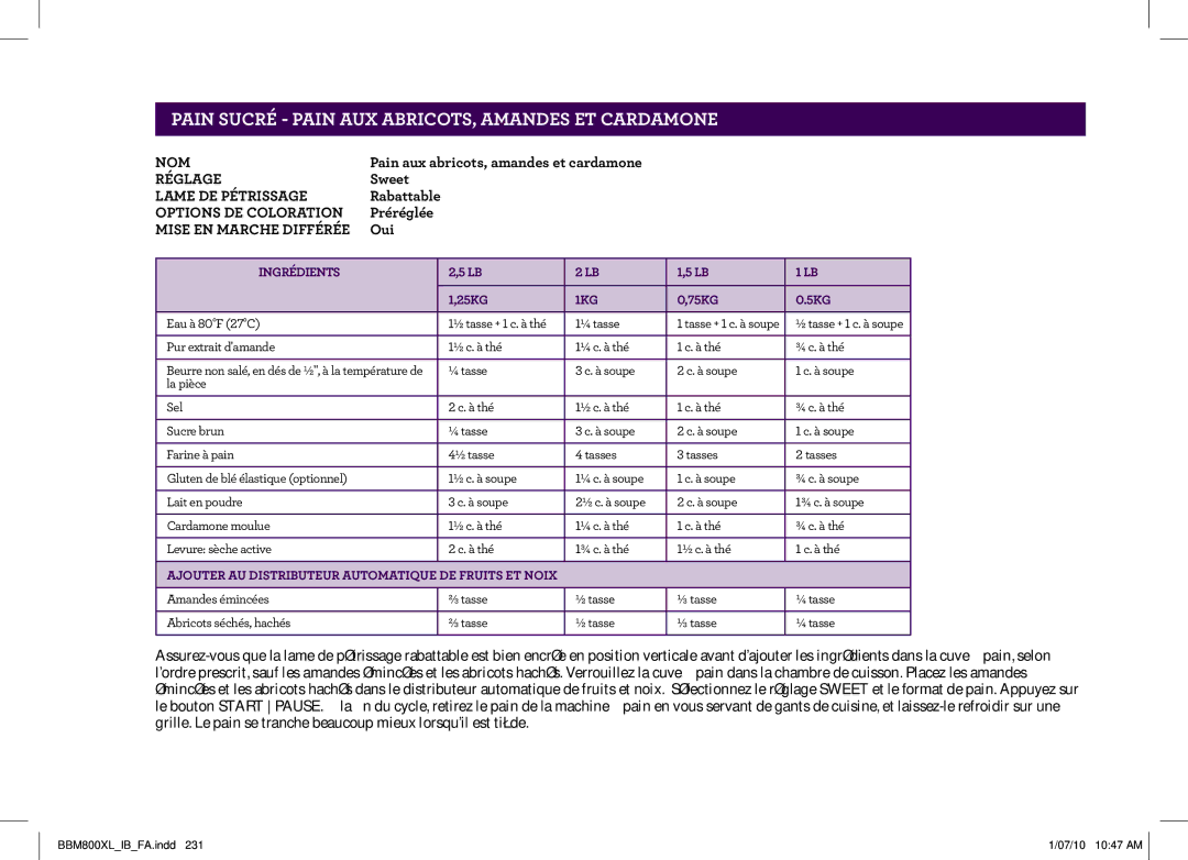 Breville BBM800XL manual Pain aux abricots, amandes et cardamone 