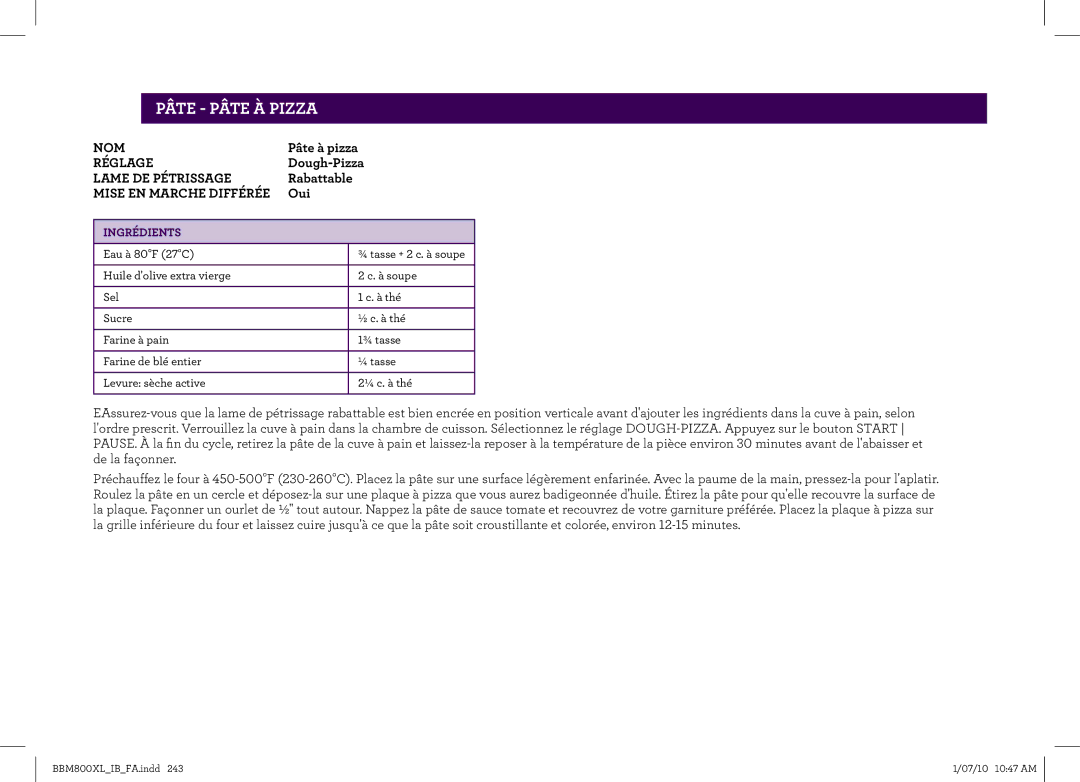Breville BBM800XL manual PÂTEAge-headerPÂTE À .....PIZZA 