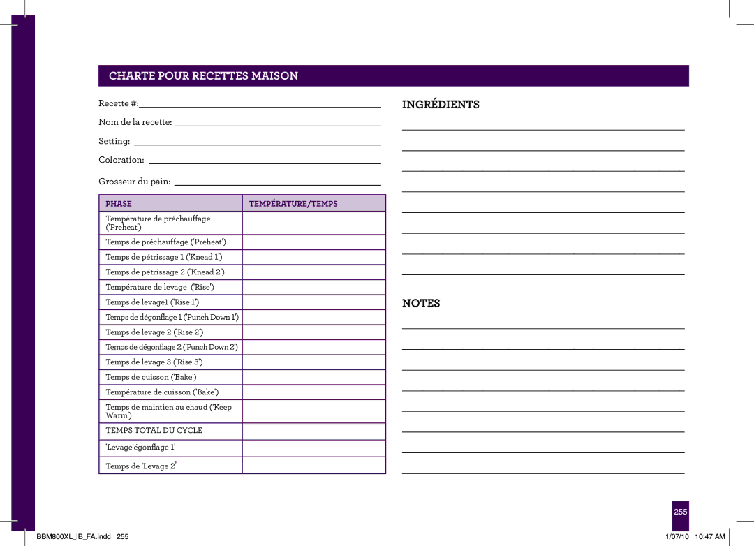 Breville BBM800XL manual PAgeCHARTEheaderPOUR.....RECETTES Maison, Phase 