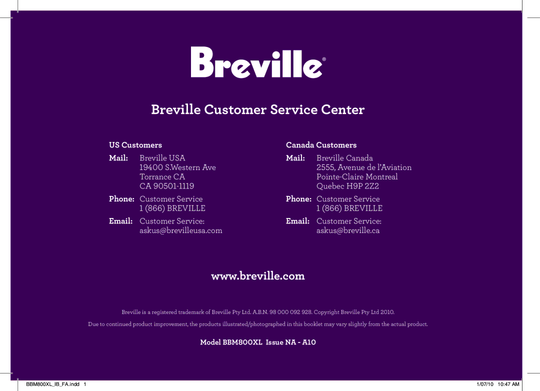 Breville BBM800XL manual Breville Customer Service Center, US Customers Canada Customers Mail 