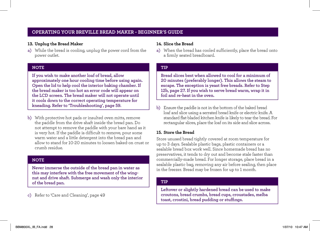 Breville BBM800XL manual Unplug the Bread Maker, Slice the Bread, Store the Bread 