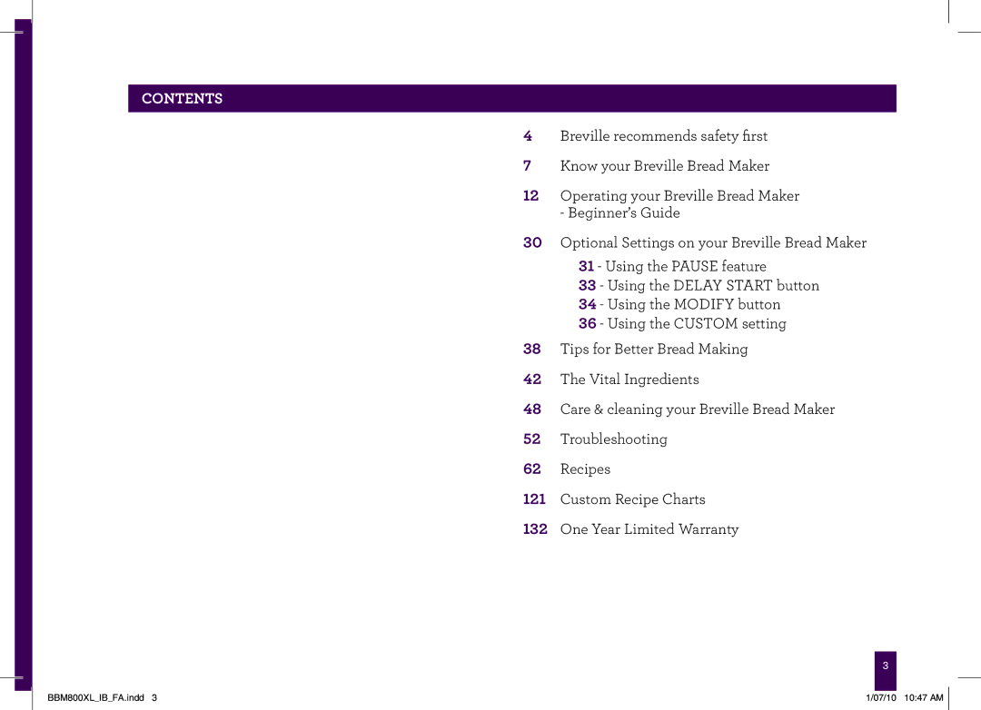 Breville BBM800XL manual Contents 