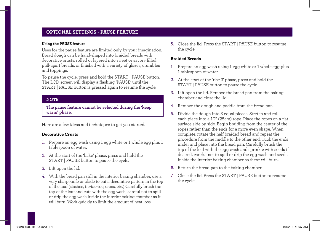 Breville BBM800XL manual Optional Settings Pause Feature, Decorative Crusts, Braided Breads 