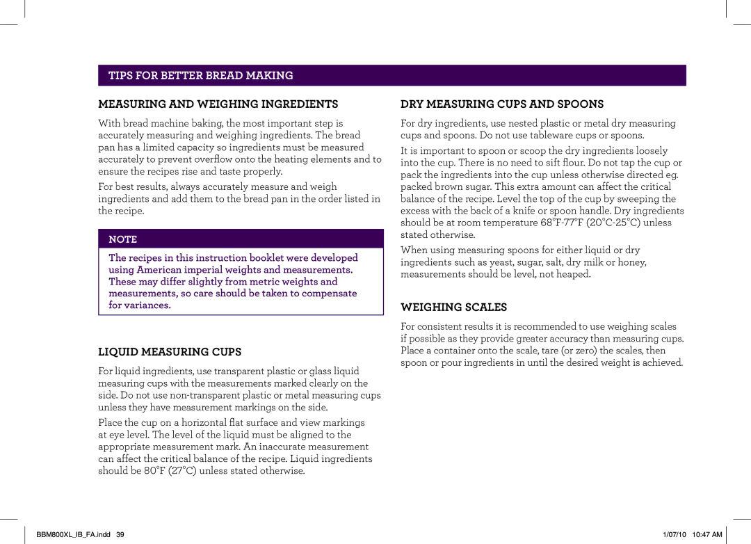 Breville BBM800XL manual Tips for Better Bread Making, Measuring and Weighing Ingredients 