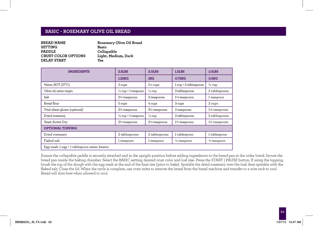 Breville BBM800XL manual Basic Rosemary Olive Oil Bread, Optional Topping 