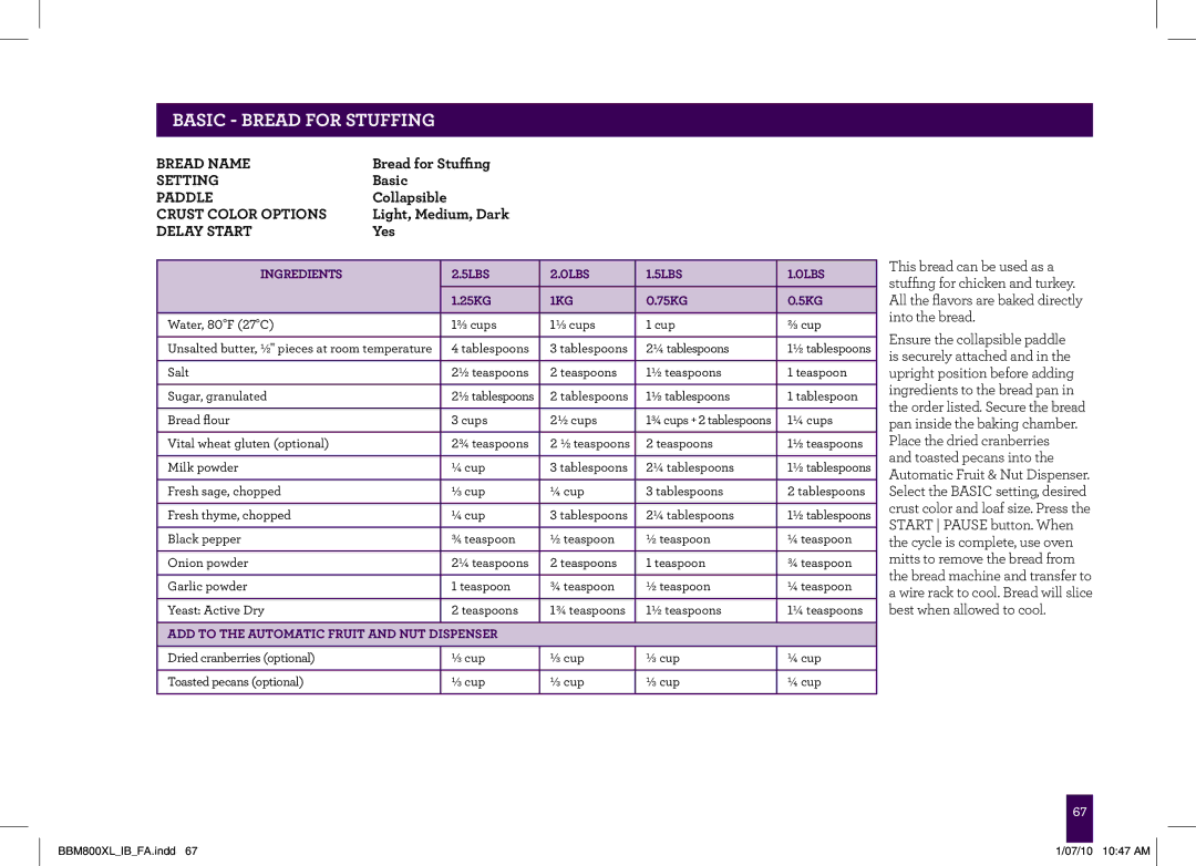 Breville BBM800XL manual Basic Bread for Stuffing, ADD to the Automatic Fruit and NUT Dispenser 