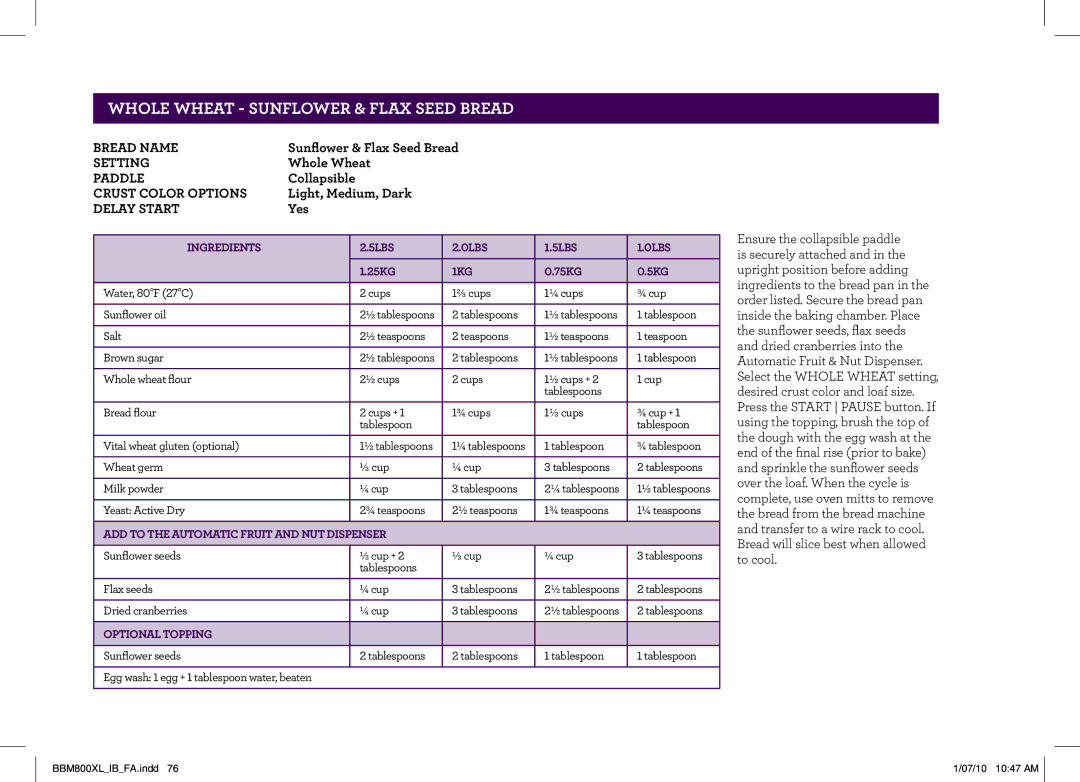 Breville BBM800XL manual Whole wheat Sunflower & Flax Seed Bread, Optional Topping 