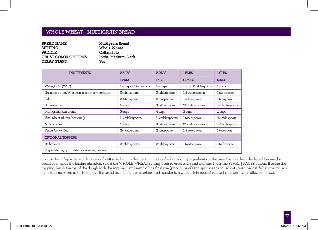 Breville BBM800XL manual Whole wheat Multigrain Bread 