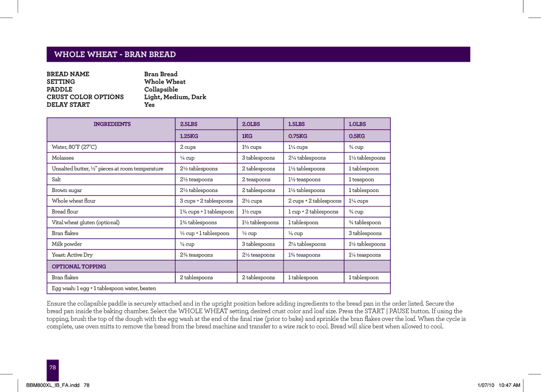 Breville BBM800XL manual Whole wheat Bran Bread 