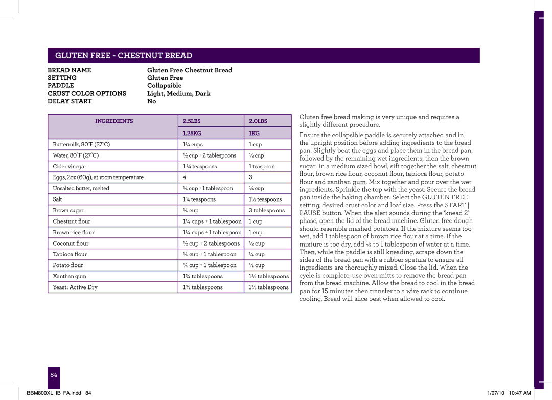 Breville BBM800XL manual Gluten Free Chestnut Bread 