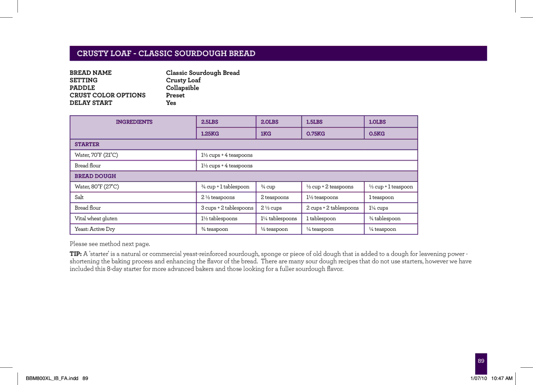 Breville BBM800XL manual CRUSTy Loaf Classic Sourdough Bread, Starter 
