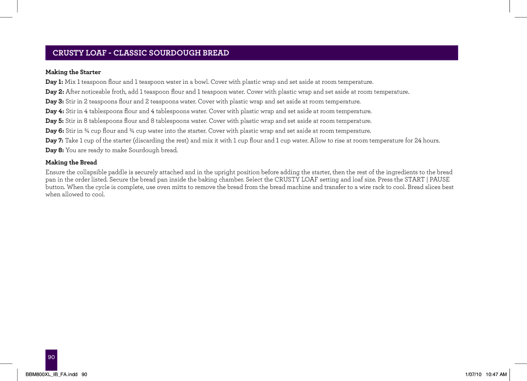Breville BBM800XL manual Making the Starter 