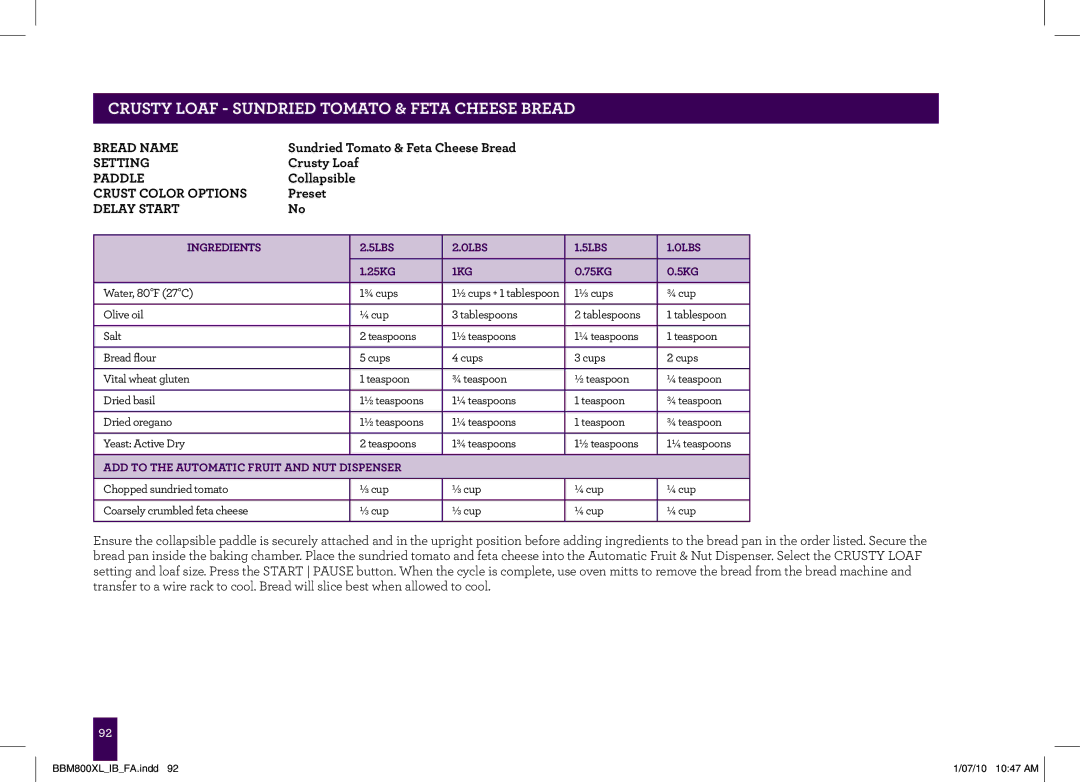 Breville BBM800XL manual CRUSTy Loaf Sundried Tomato & Feta Cheese Bread, ADD to the Automatic Fruit and NUT Dispenser 