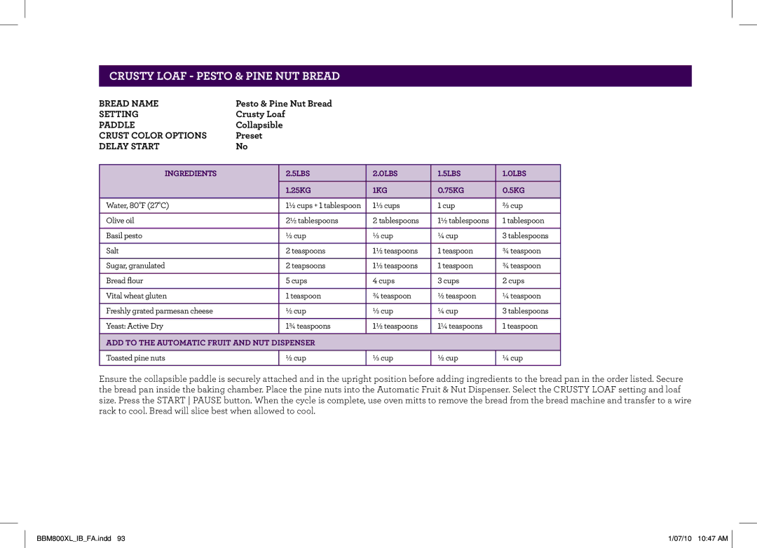 Breville BBM800XL manual CRUSTy Loaf Pesto & Pine Nut Bread 