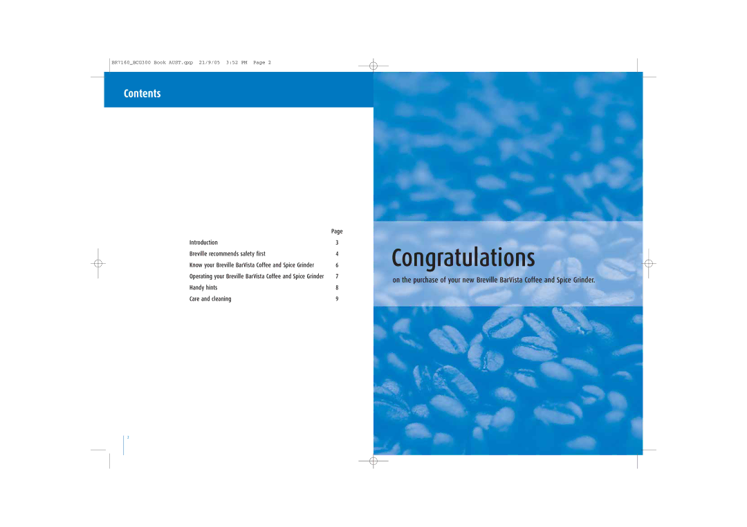 Breville BCG300 manual Congratulations, Contents 