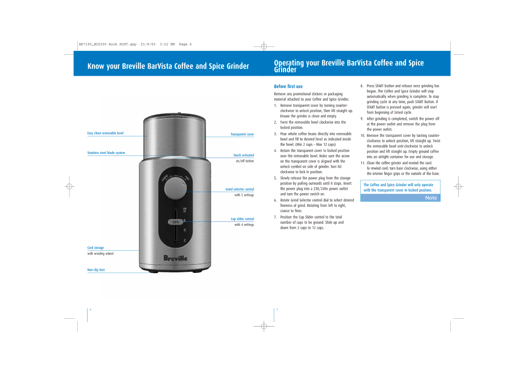 Breville BCG300 manual Operating your Breville BarVista Coffee and Spice Grinder, Before first use 