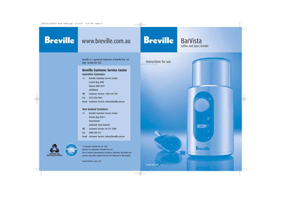 Breville BCG300 manual BarVista, Instructions for use, Breville Customer Service Centre, Australian Customers 