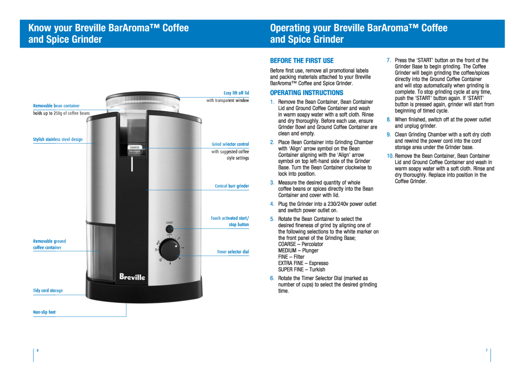 Breville BCG450 manual Know your Breville BarAroma Coffee and Spice Grinder, Before the first use, Operating instructions 