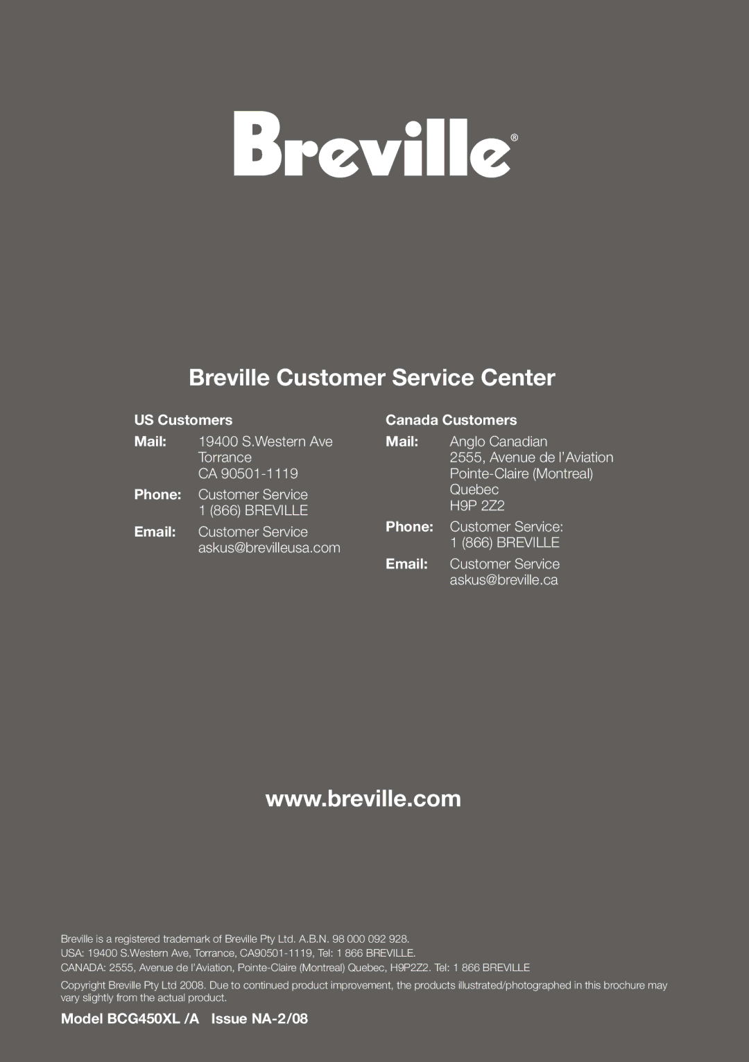 Breville BCG450XL /A manual Breville Customer Service Center 