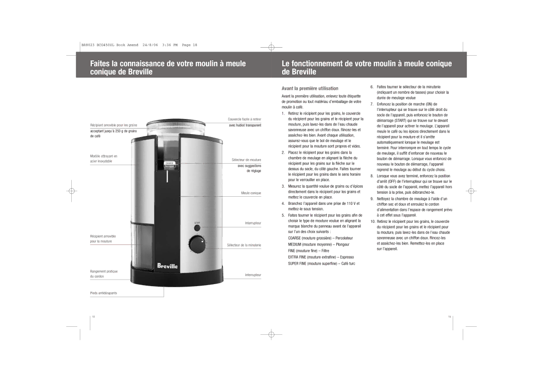 Breville BCG450XL manual Avant la première utilisation 