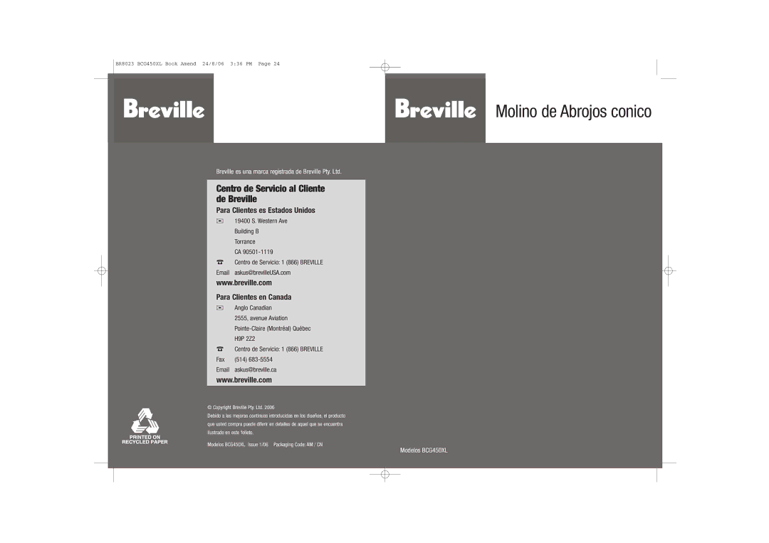 Breville BCG450XL manual Molino de Abrojos conico 