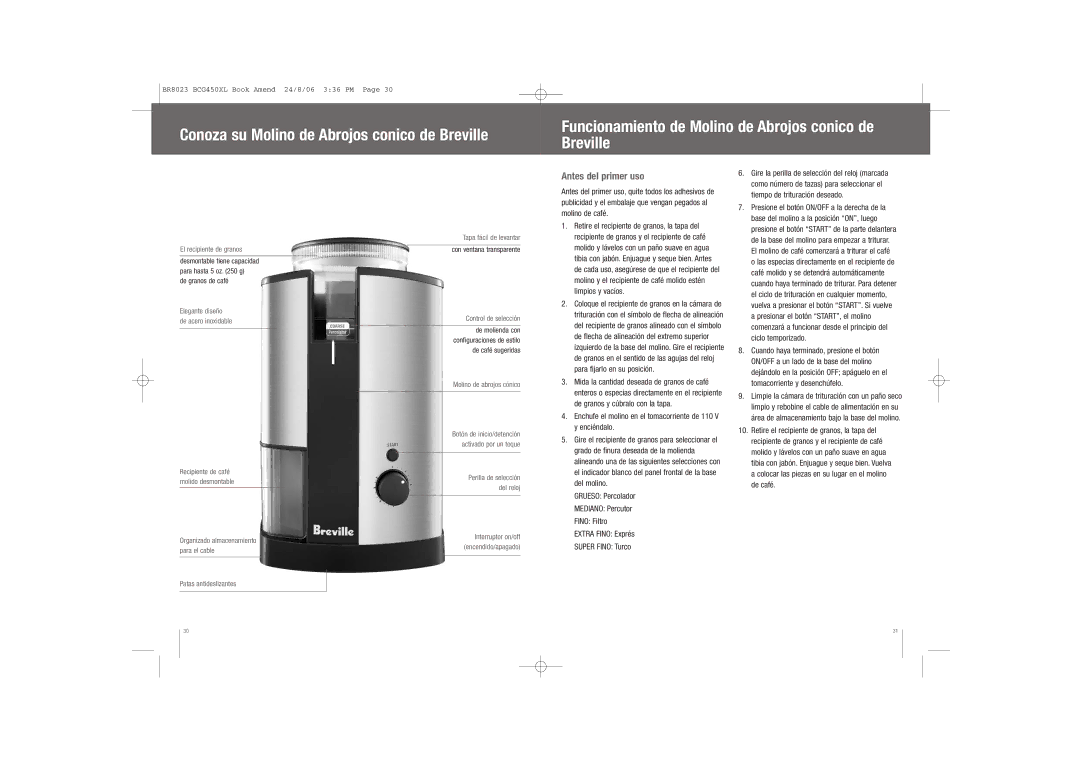 Breville BCG450XL manual Antes del primer uso 