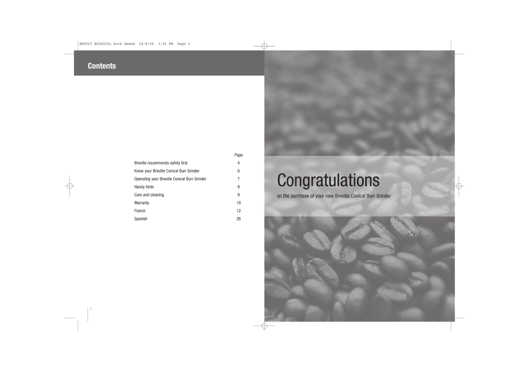 Breville BCG450XL manual Congratulations, Contents 