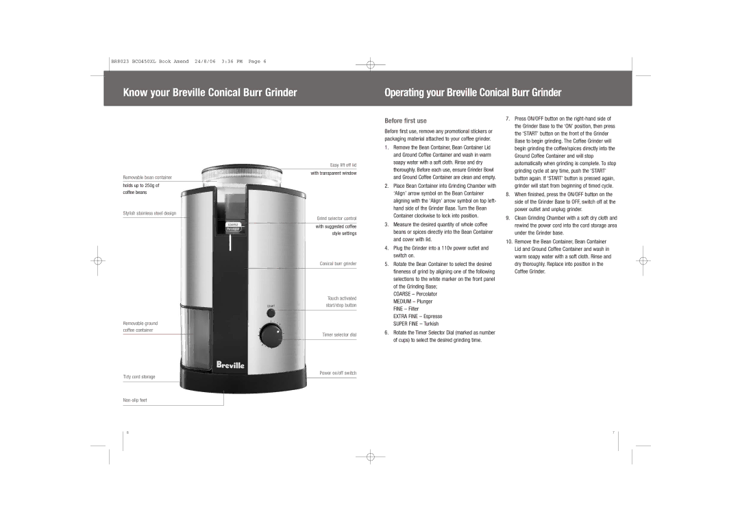 Breville BCG450XL manual Know your Breville Conical Burr Grinder, Before first use 