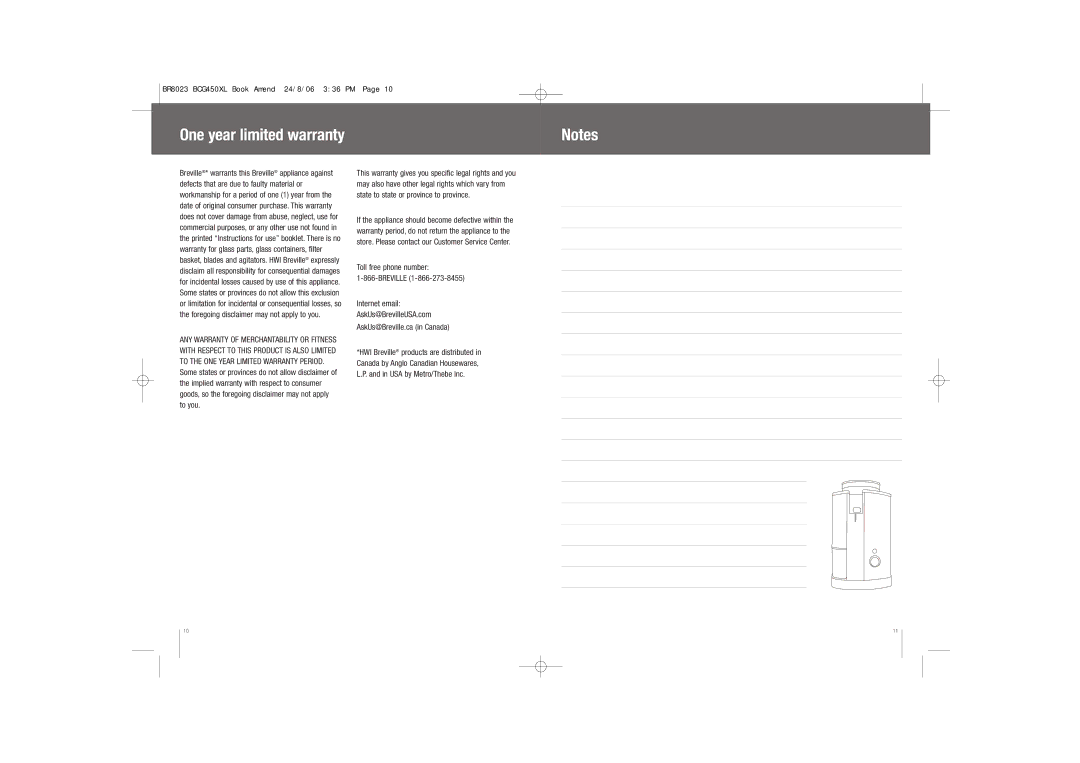Breville BCG450XL manual One year limited warranty 