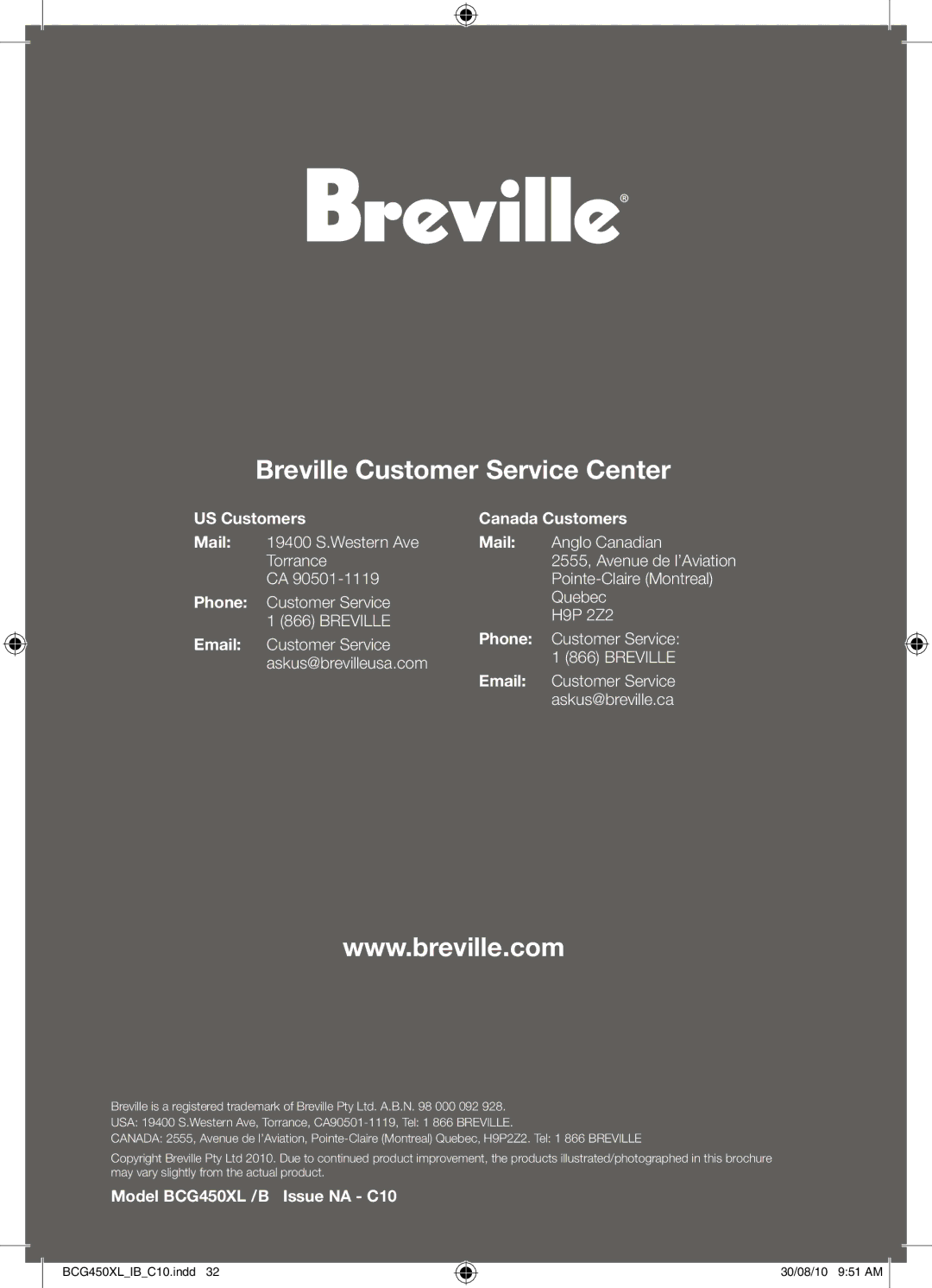 Breville BCG450XL/B manual Breville Customer Service Center 