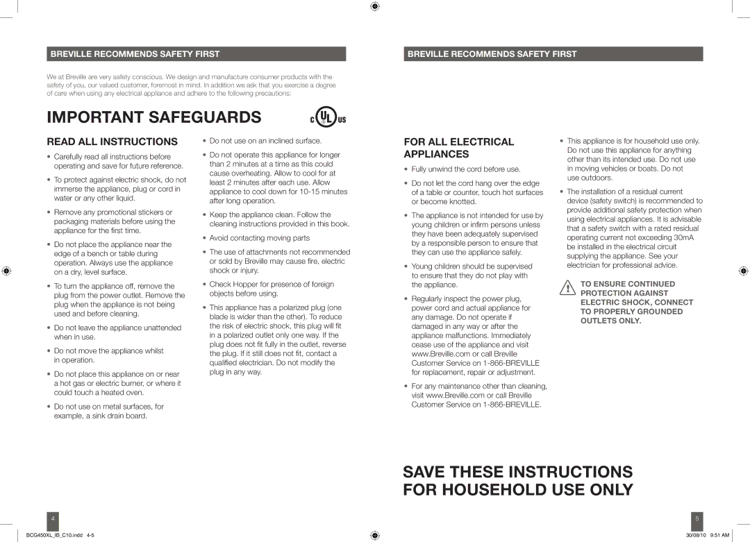 Breville BCG450XL/B manual Important safeguards, Breville Recommends Safety First 