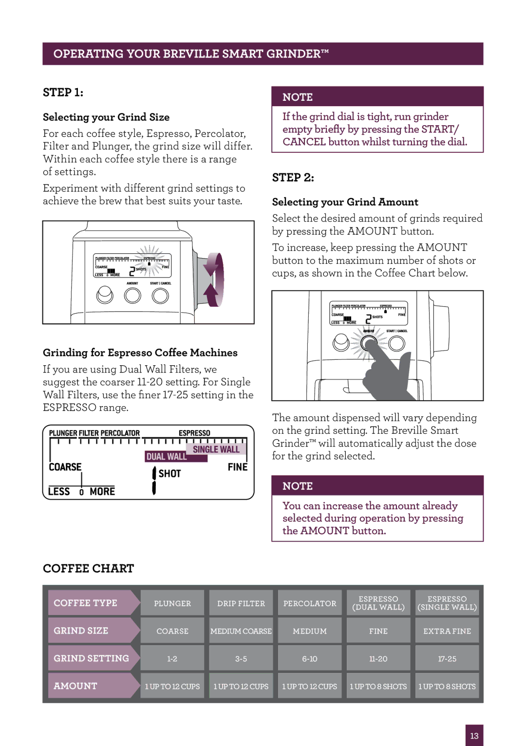 Breville BCG800 manual Step, Selecting your Grind Size, Grinding for Espresso Coffee Machines, Selecting your Grind Amount 