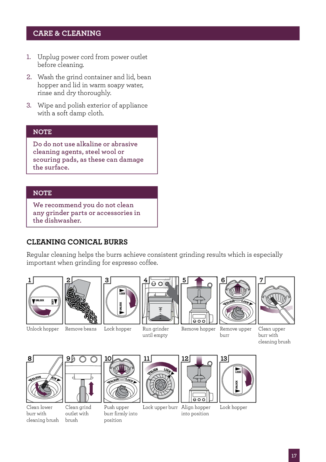 Breville BCG800 manual Care & Cleaning, Cleaning conical burrs 