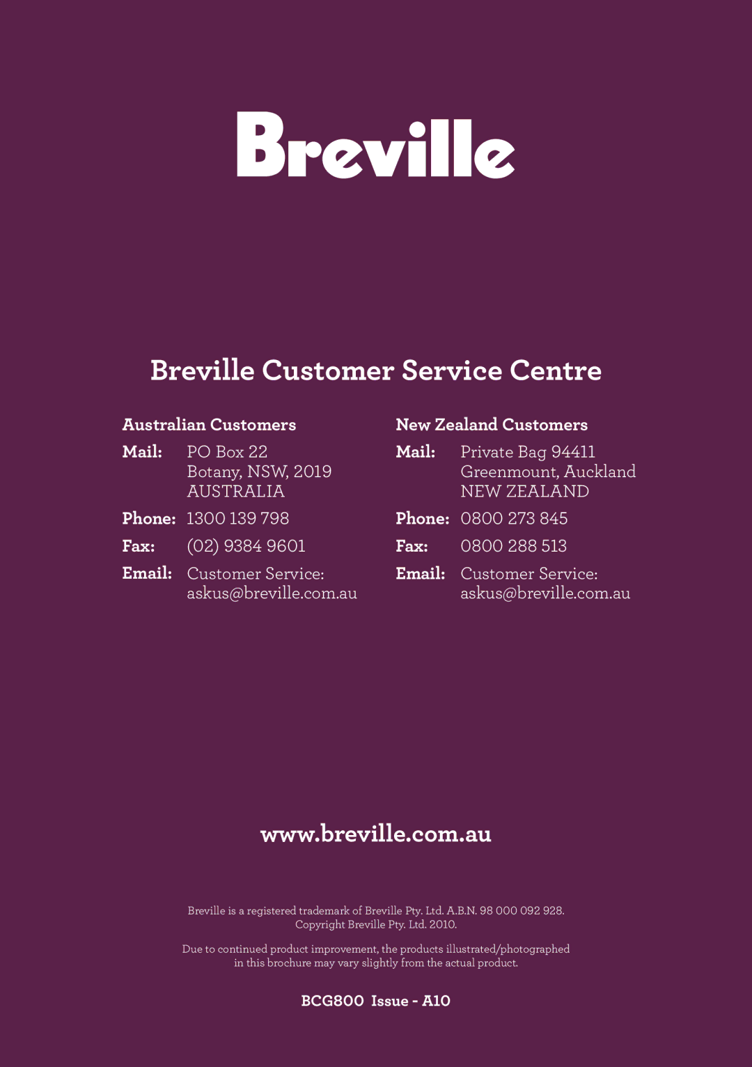 Breville BCG800 manual Breville Customer Service Centre 