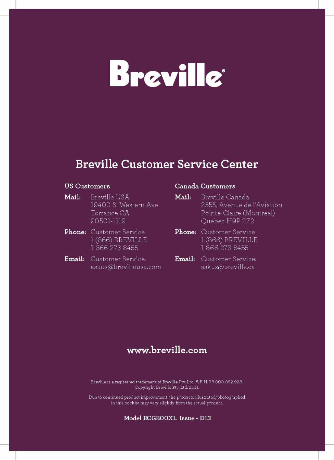 Breville BCG800XL, The Smart Grinder manual 