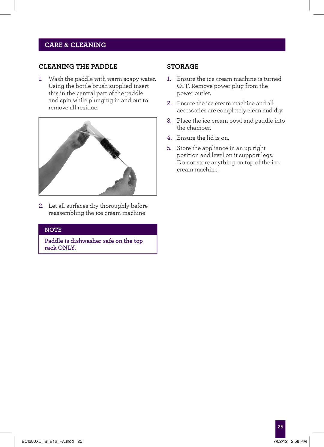 Breville BCI600XL manual Cleaning the paddle, Storage 